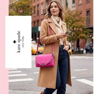 Kate Spade New York Pink Saffiano Leather Crossbody Bag Gold Chain Accent Barbie